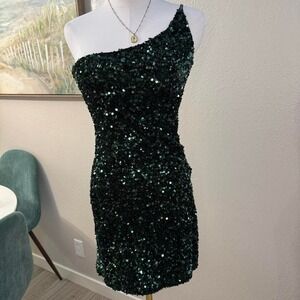 Crystal Doll green‎ sequin one-shoulder mini dress (M)